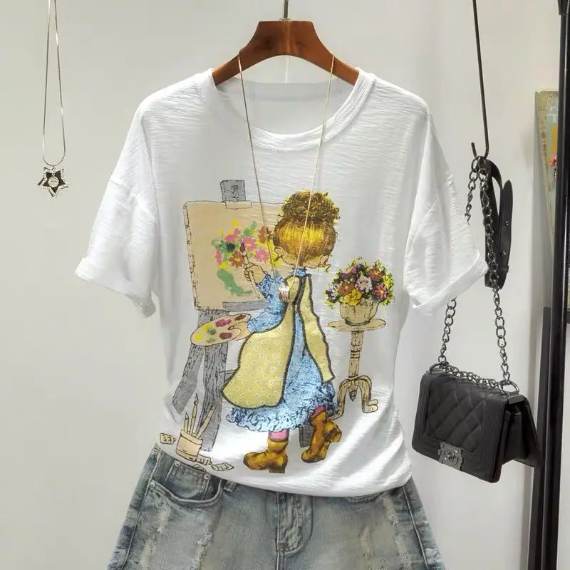 Women Printed Round Neck T-Shirt White Korean Style - Image 13