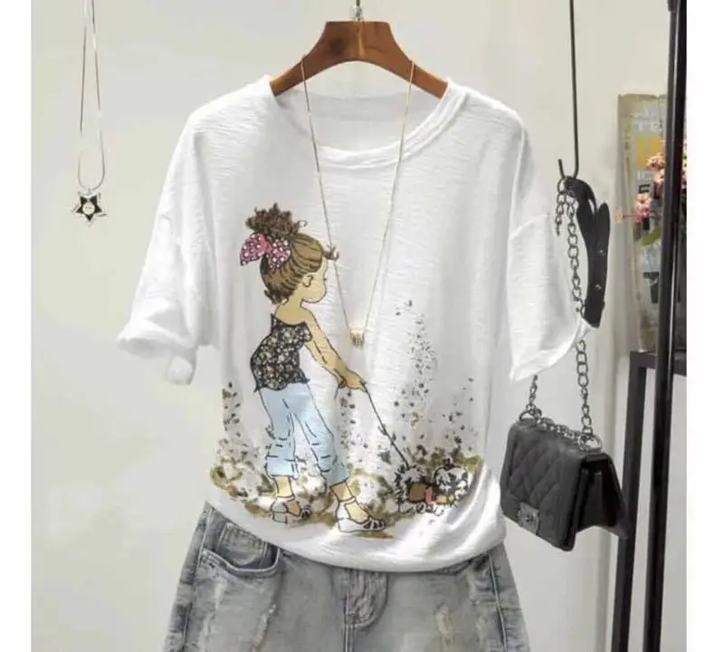 Women Printed Round Neck T-Shirt White Korean Style - Image 14