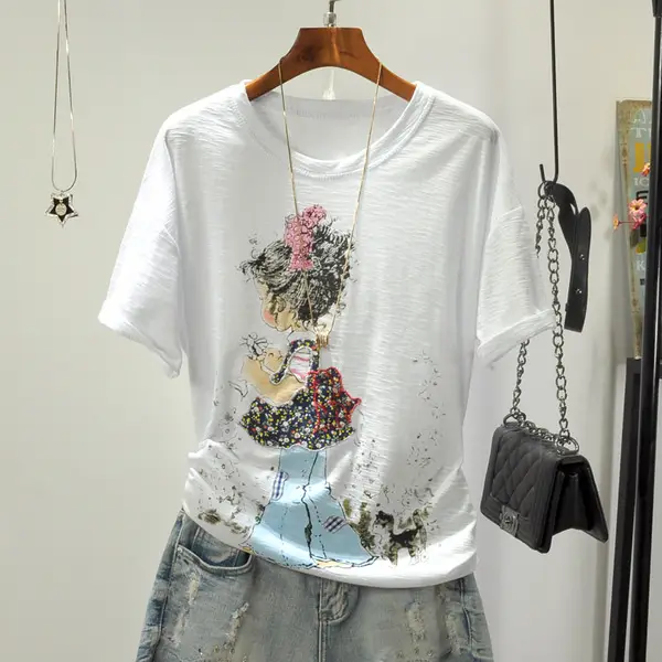 Women Printed Round Neck T-Shirt White Korean Style — feature 4
