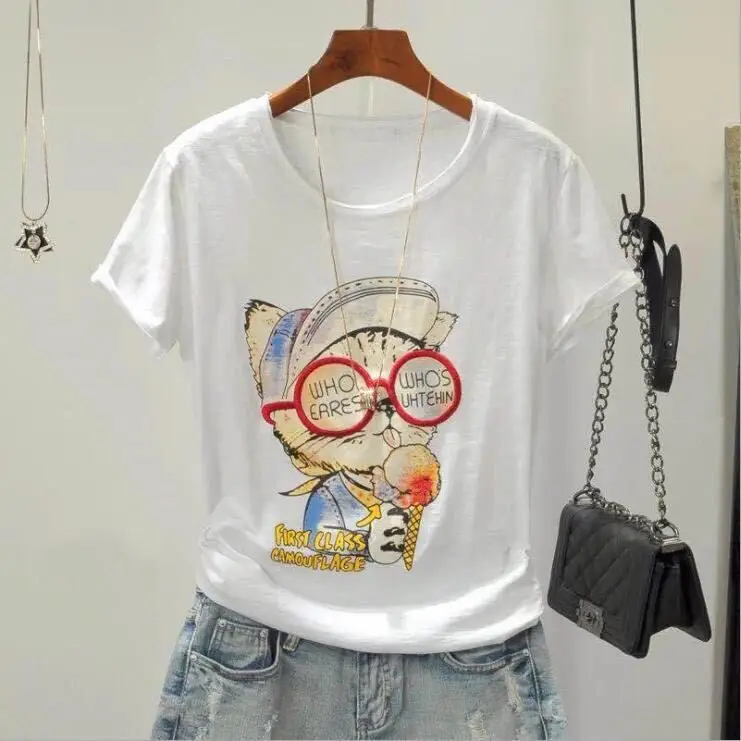 Women Printed Round Neck T-Shirt White Korean Style — feature 5