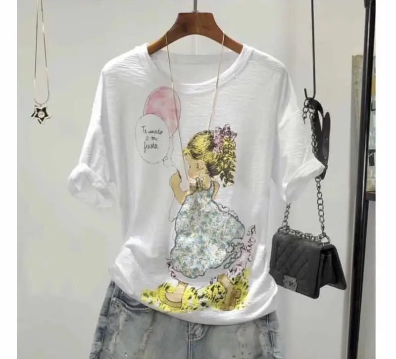Women Printed Round Neck T-Shirt White Korean Style — feature 8