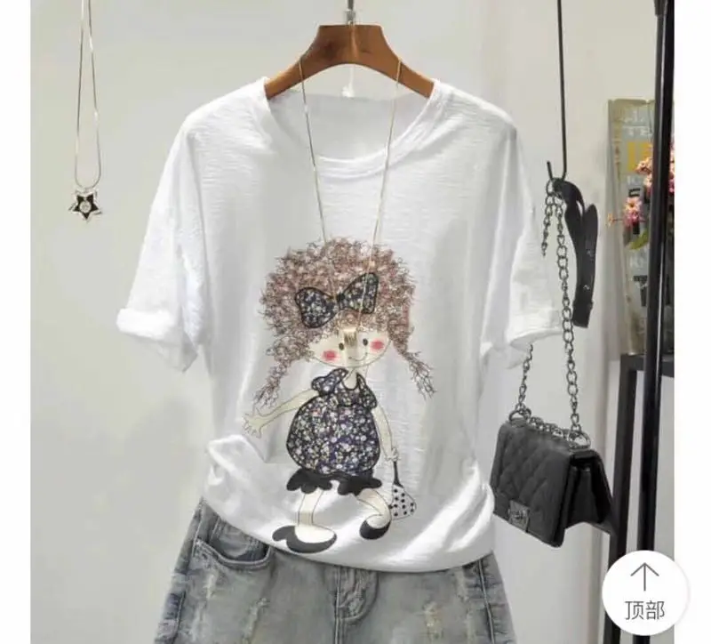 Women Printed Round Neck T-Shirt White Korean Style — feature 9
