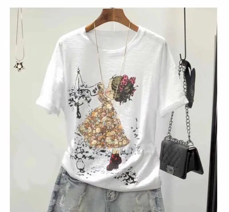 Women Printed Round Neck T-Shirt White Korean Style - Image 5