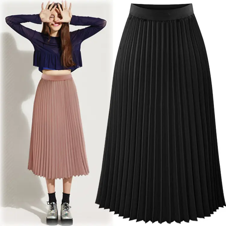 Women's Chiffon Pleated Skirt Black or Beige - Image 5