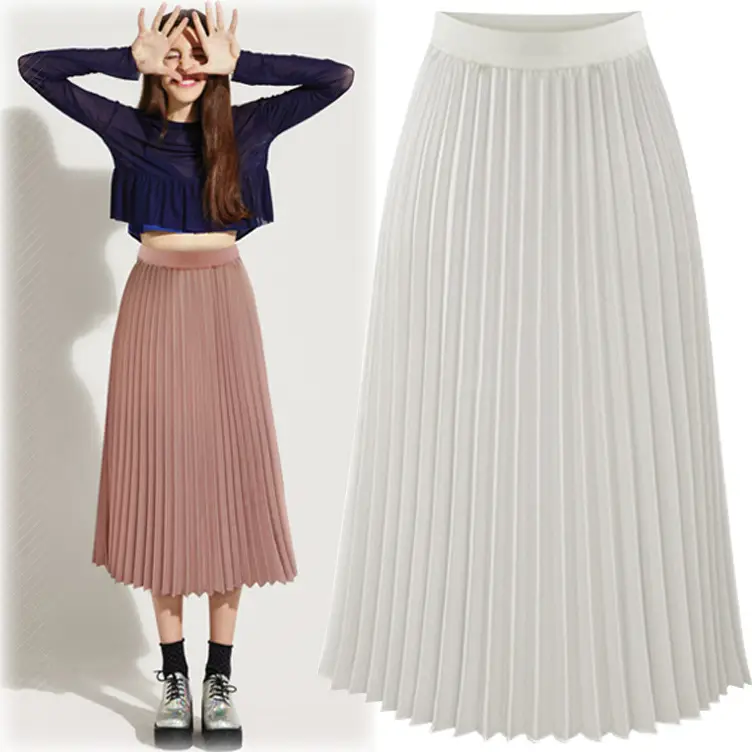 Women's Chiffon Pleated Skirt Black or Beige - Image 6