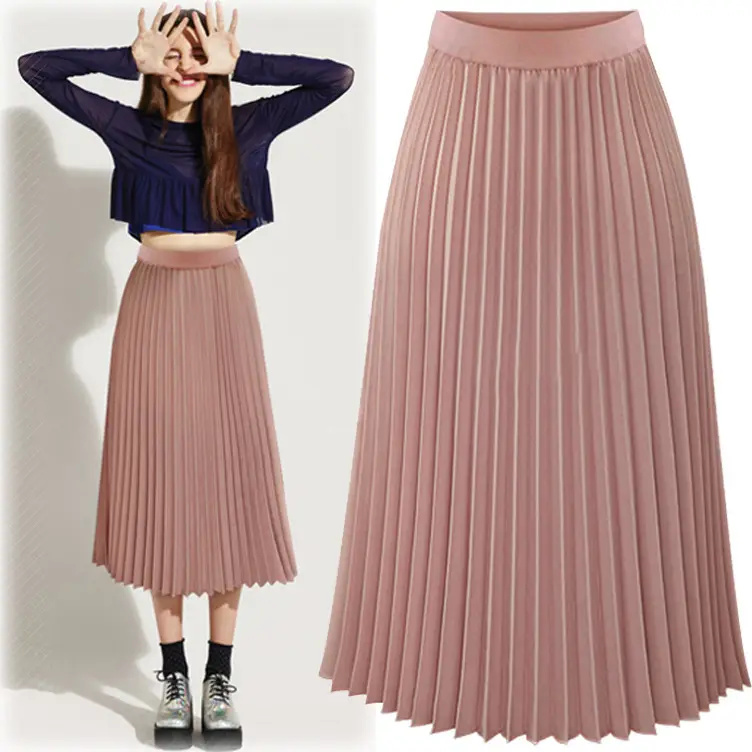 Women's Chiffon Pleated Skirt Black or Beige - Image 3