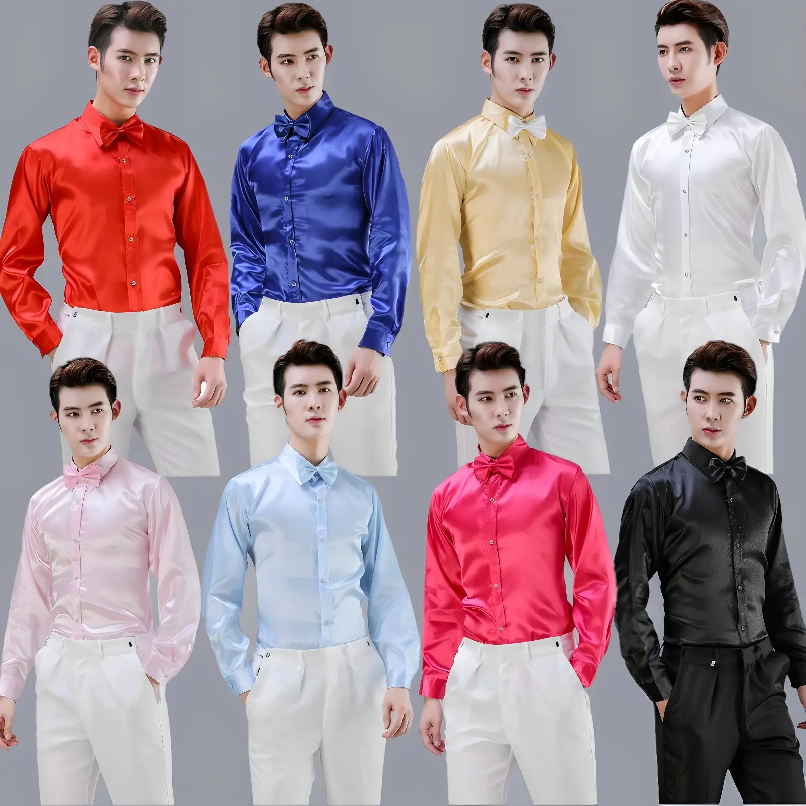 Men Satin Performance Shirt Light Blue Long Sleeve