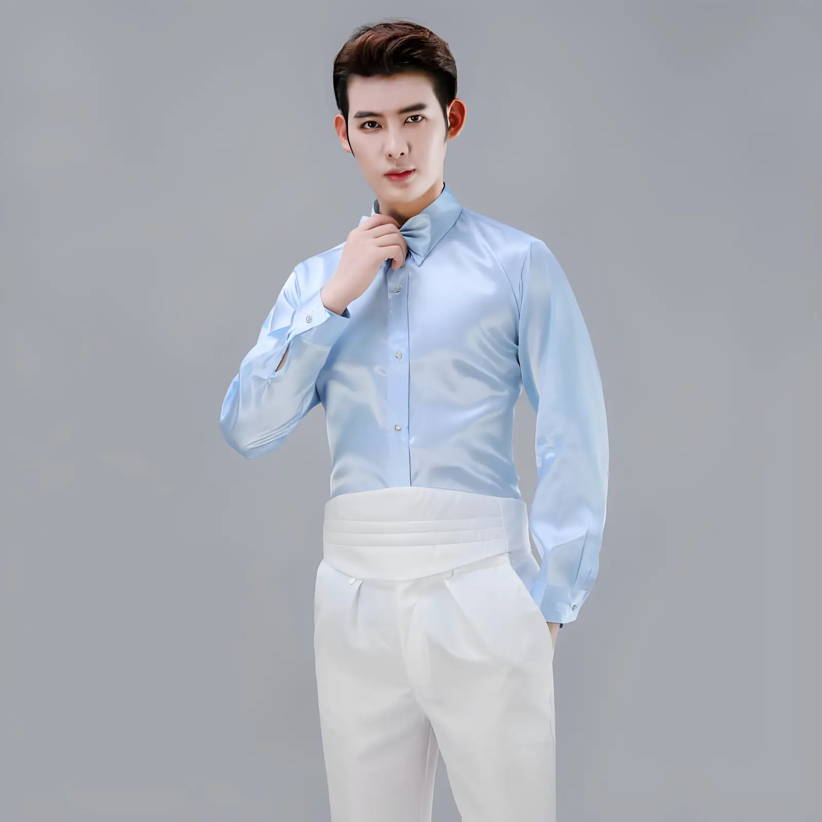 Men Satin Performance Shirt Light Blue Long Sleeve