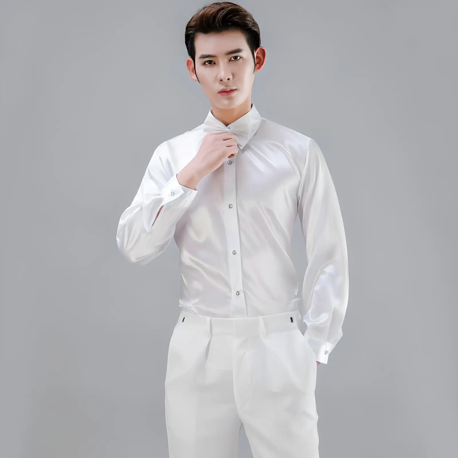 Men Satin Performance Shirt Light Blue Long Sleeve