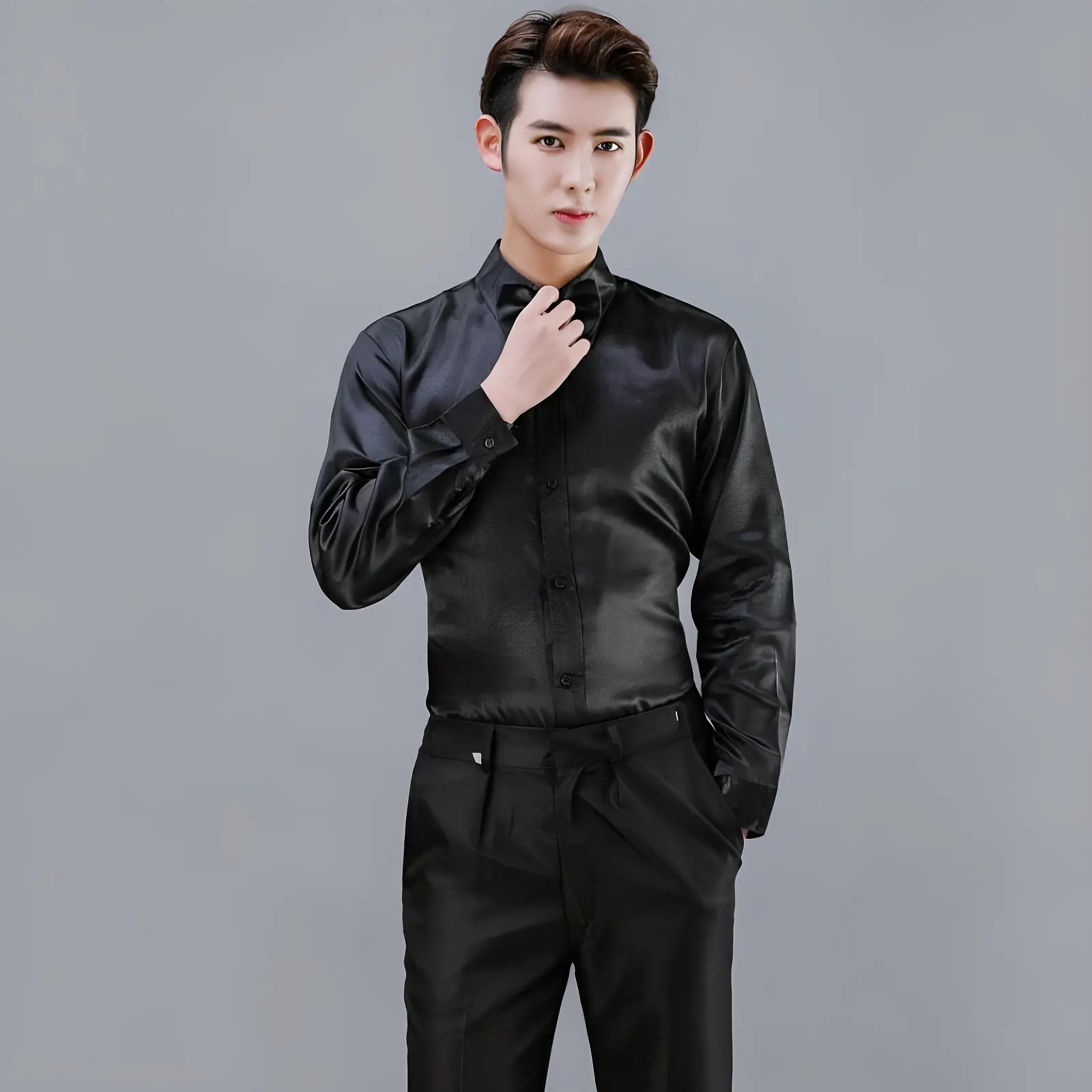 Men Satin Performance Shirt Light Blue Long Sleeve — feature 10