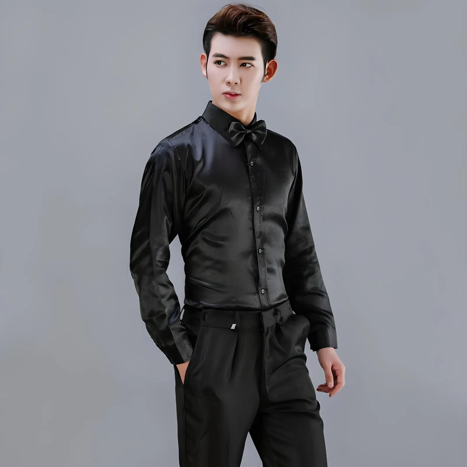 Men Satin Performance Shirt Light Blue Long Sleeve — feature 11