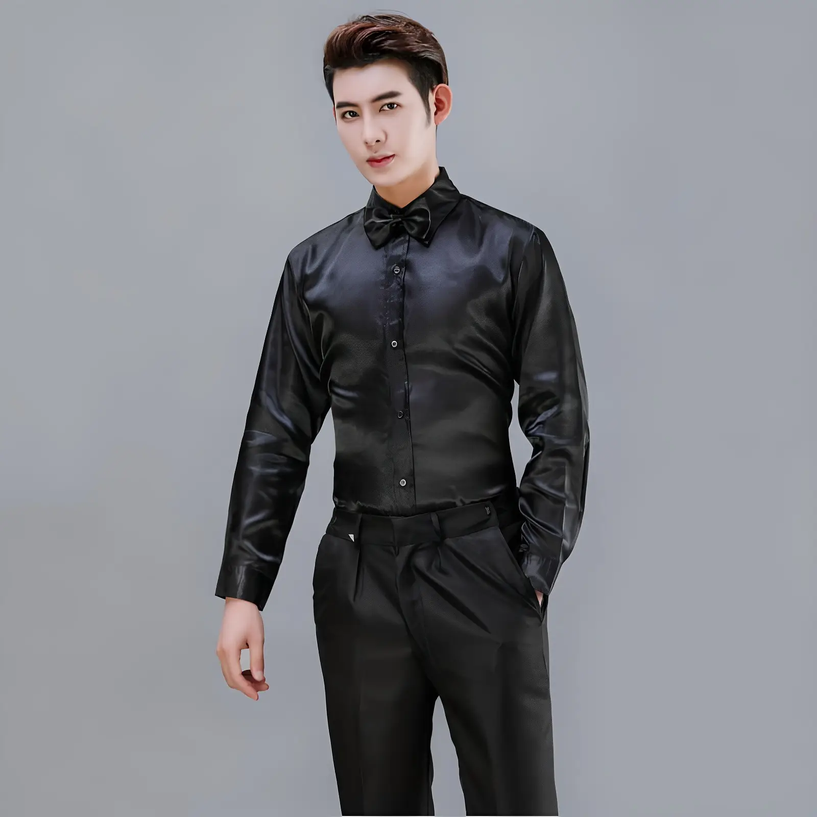 Men Satin Performance Shirt Light Blue Long Sleeve — feature 12