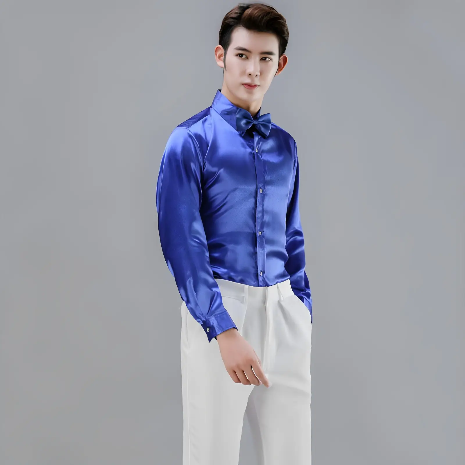 Men Satin Performance Shirt Light Blue Long Sleeve — feature 25