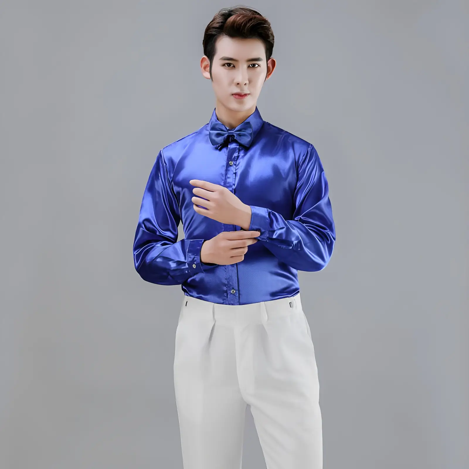 Men Satin Performance Shirt Light Blue Long Sleeve — feature 26