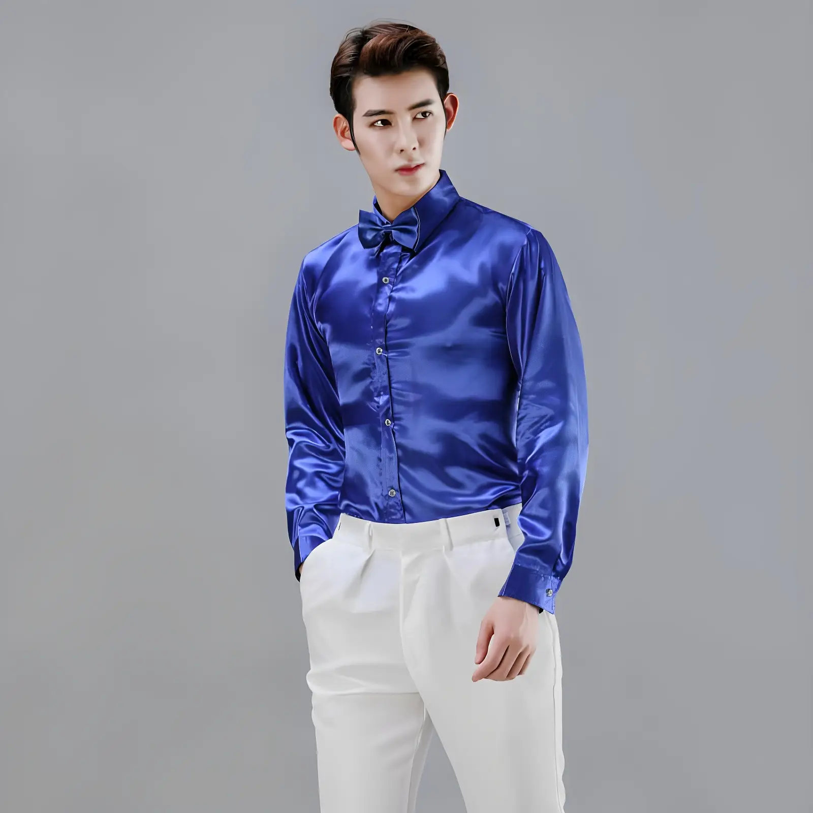 Men Satin Performance Shirt Light Blue Long Sleeve — feature 27