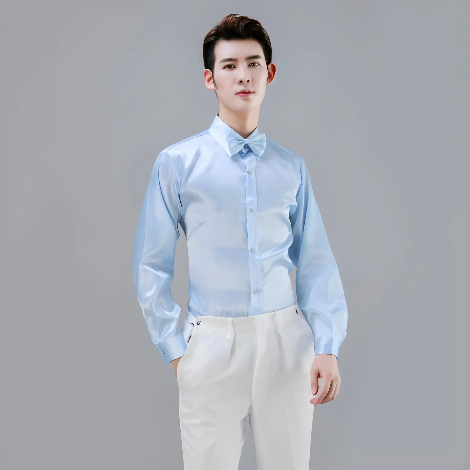 Men Satin Performance Shirt Light Blue Long Sleeve — feature 32