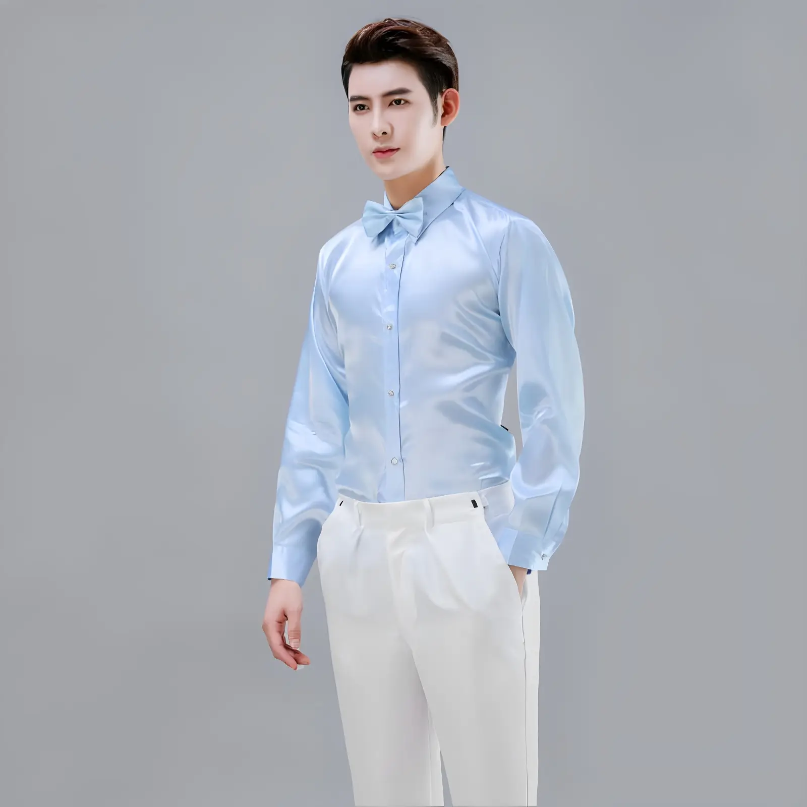 Men Satin Performance Shirt Light Blue Long Sleeve — feature 33