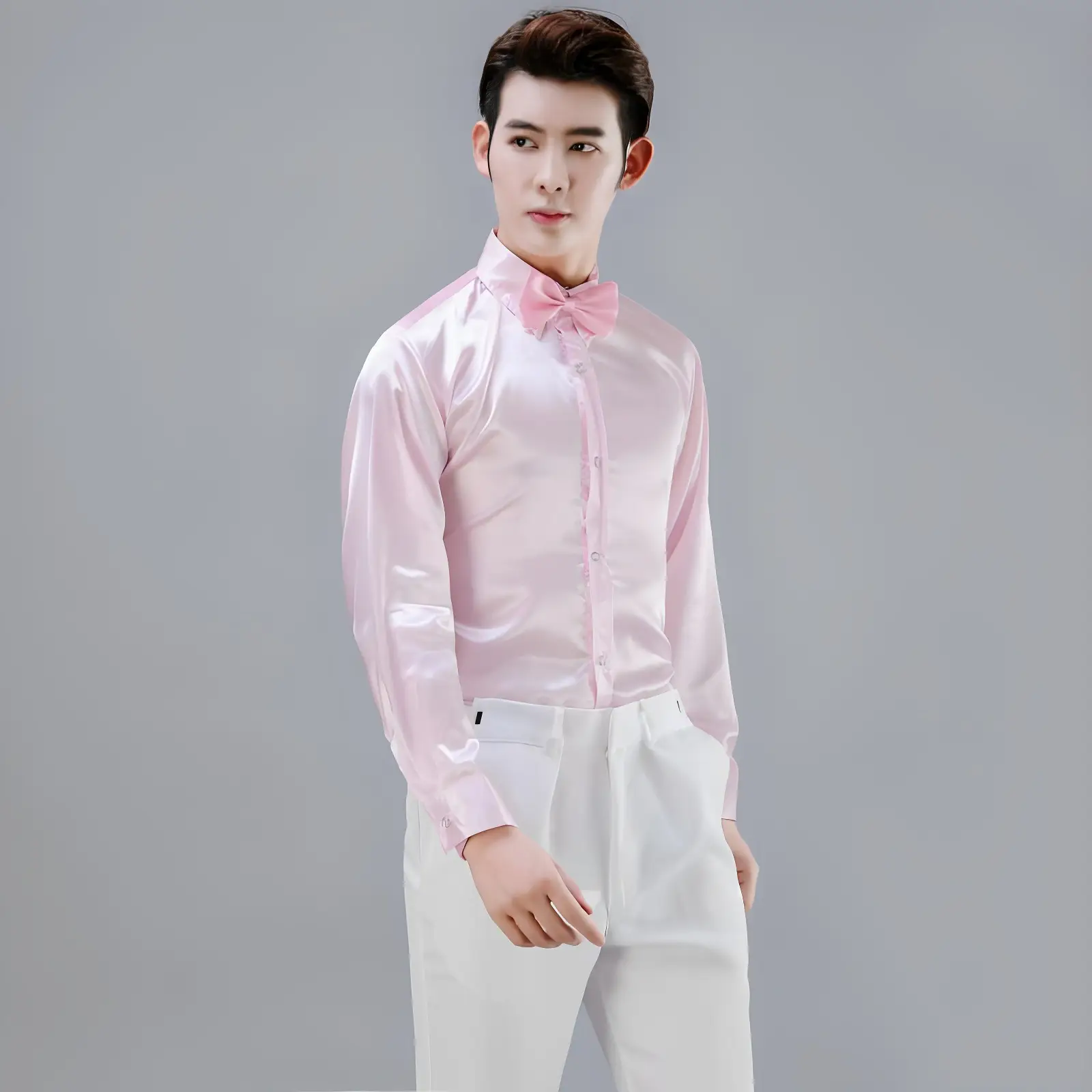 Men Satin Performance Shirt Light Blue Long Sleeve — feature 34
