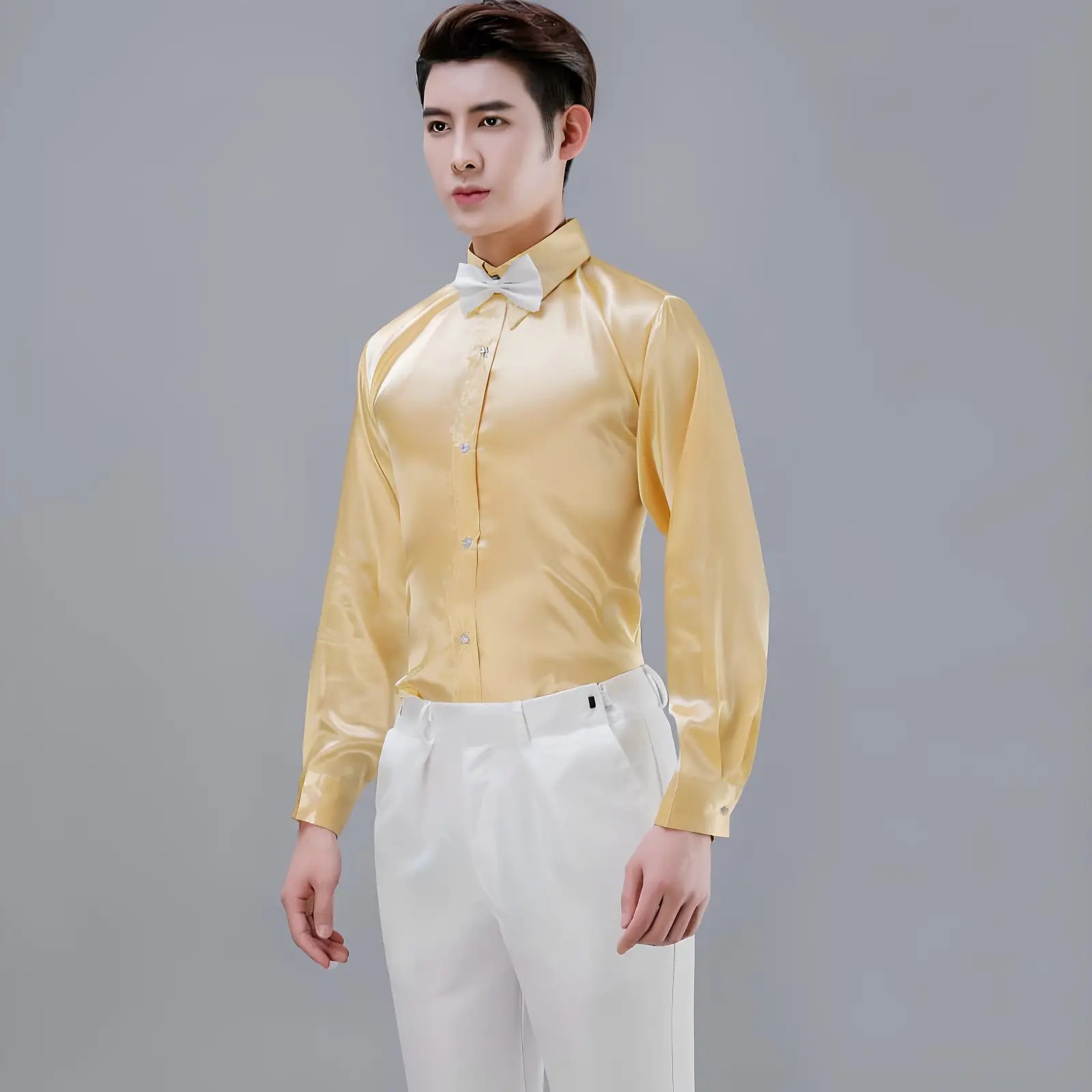 Men Satin Performance Shirt Light Blue Long Sleeve