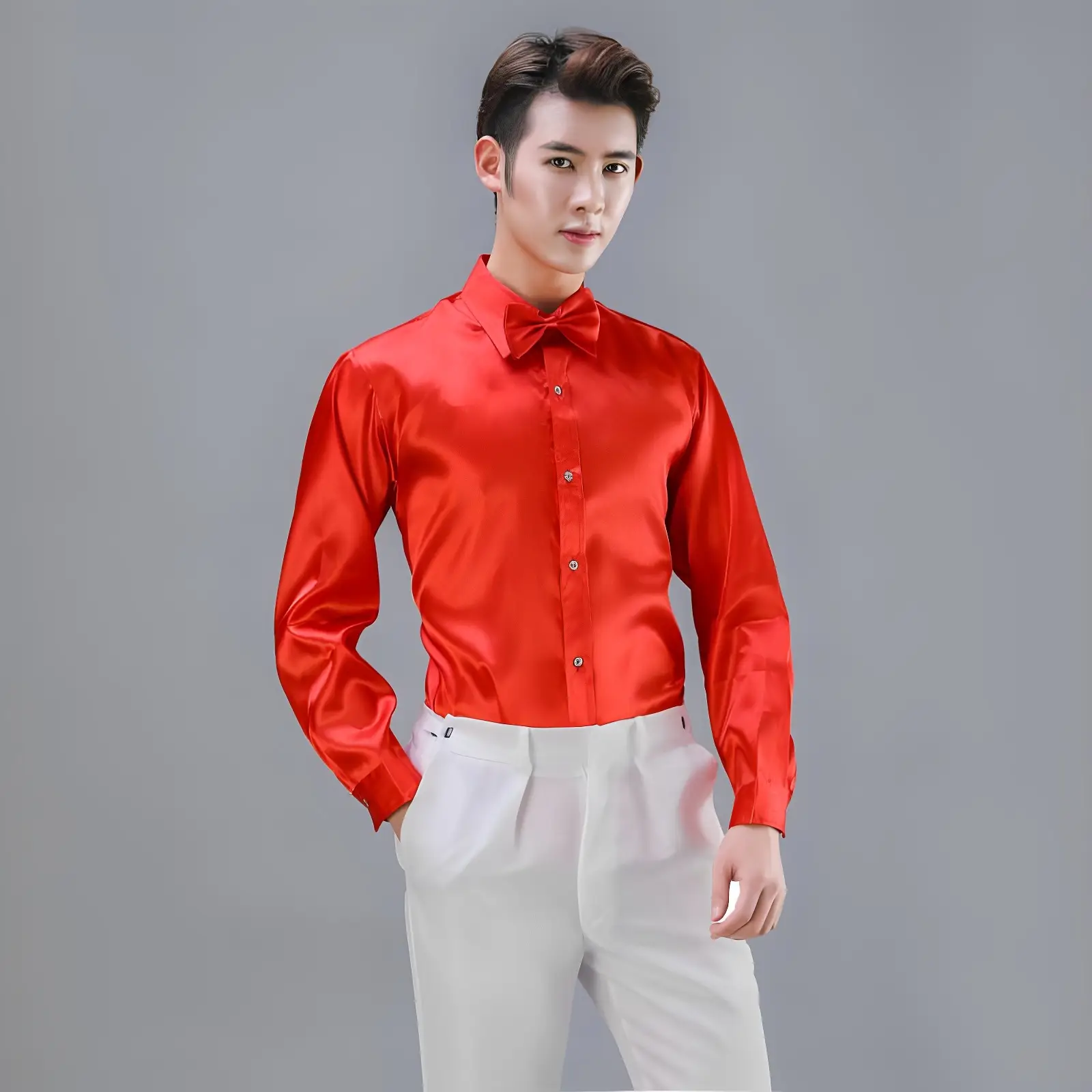 Men Satin Performance Shirt Light Blue Long Sleeve