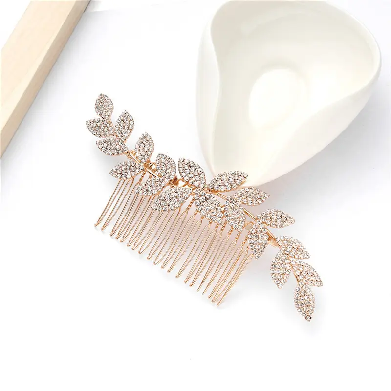 Leaf Rhinestone Bridal Hair Comb Gold - Image 3