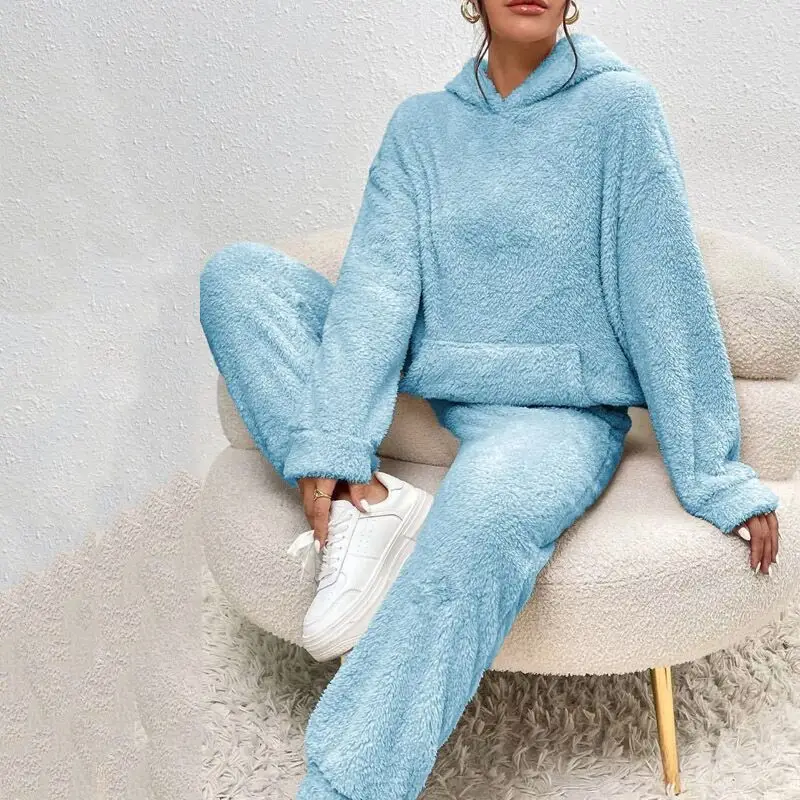 In-Stock European and American Cross-Border 2025 Autumn and Winter Solid Color Women's Hooded Long-Sleeve Patch Pocket Casual Long Pants Home Two-Piece Set