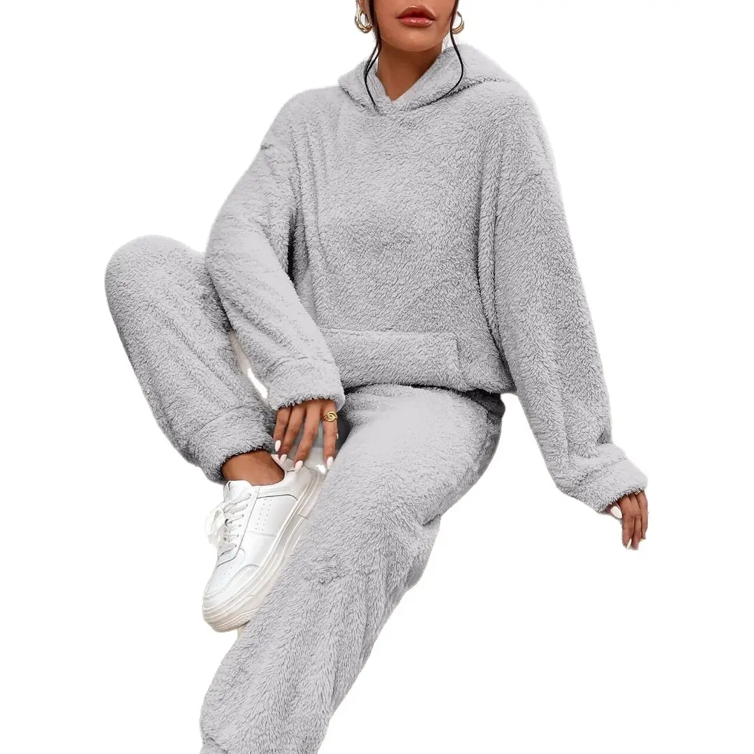 In-Stock European and American Cross-Border 2025 Autumn and Winter Solid Color Women's Hooded Long-Sleeve Patch Pocket Casual Long Pants Home Two-Piece Set