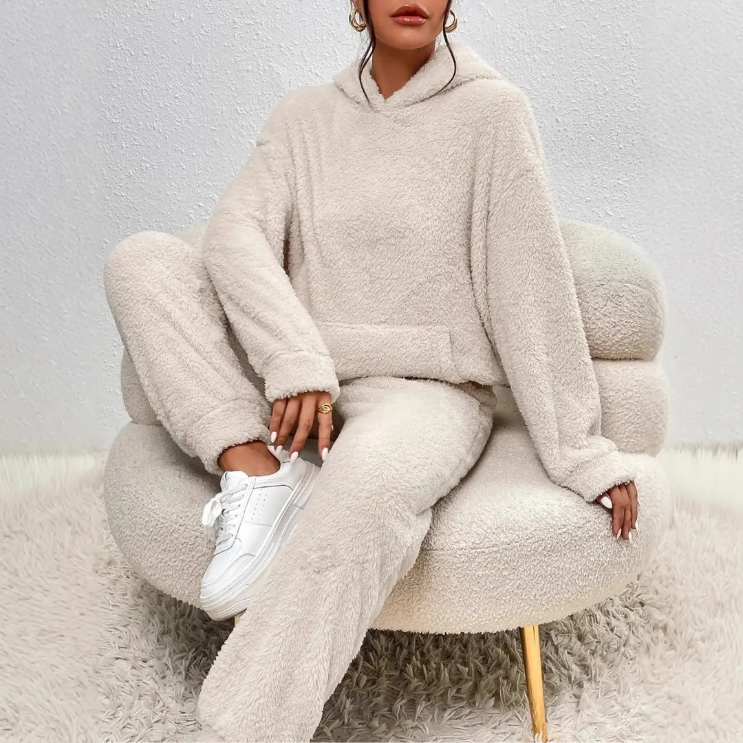 In-Stock European and American Cross-Border 2025 Autumn and Winter Solid Color Women's Hooded Long-Sleeve Patch Pocket Casual Long Pants Home Two-Piece Set