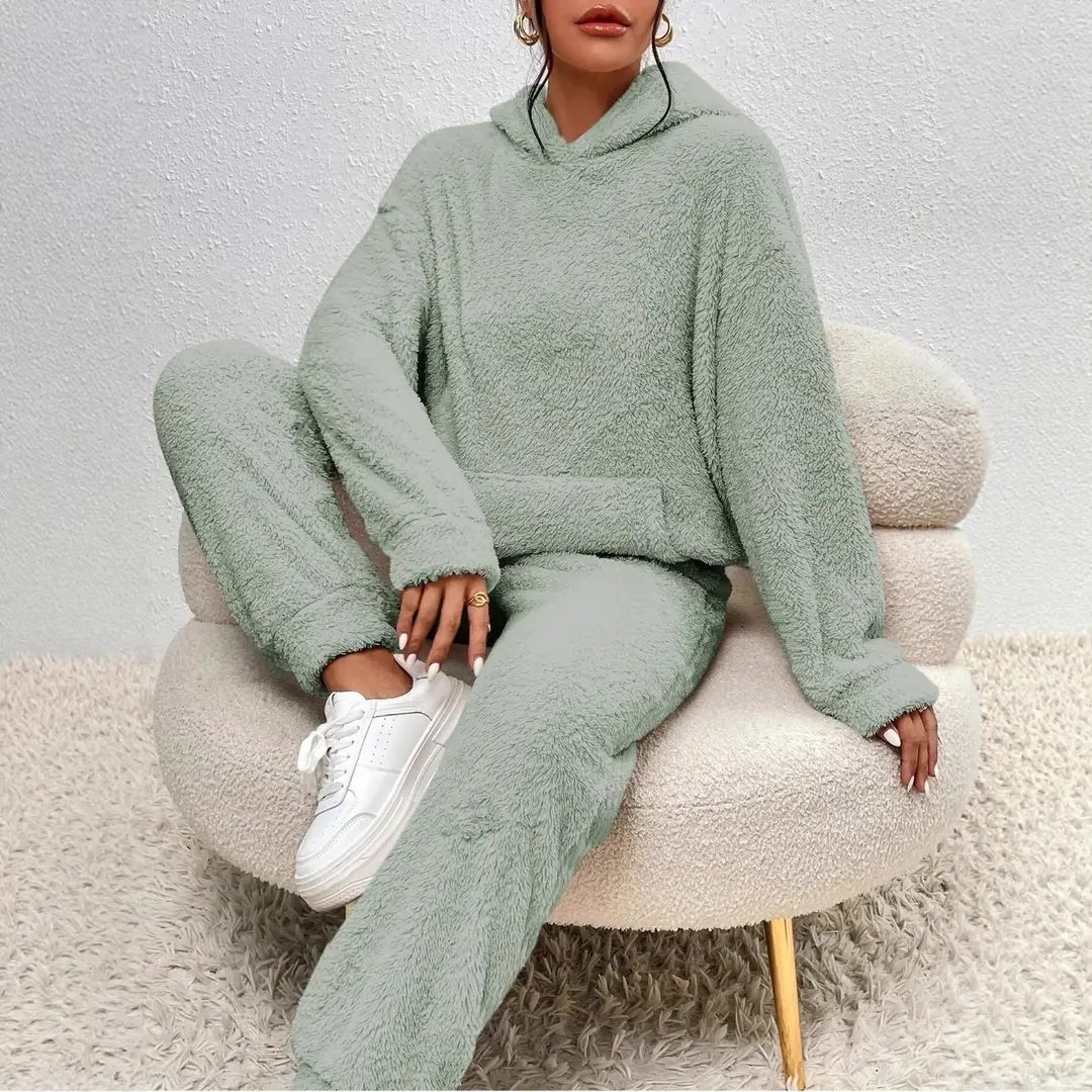 In-Stock European and American Cross-Border 2025 Autumn and Winter Solid Color Women's Hooded Long-Sleeve Patch Pocket Casual Long Pants Home Two-Piece Set