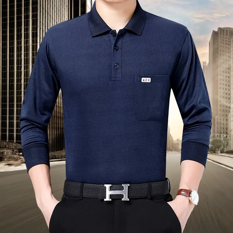 Middle-aged Men Grey Long Sleeve Polo Shirt with Real Pocket
