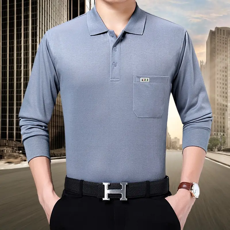 Middle-aged Men Grey Long Sleeve Polo Shirt with Real Pocket