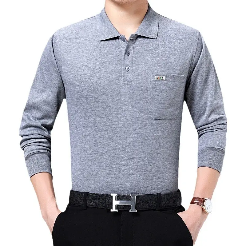 Middle-aged Men Grey Long Sleeve Polo Shirt with Real Pocket