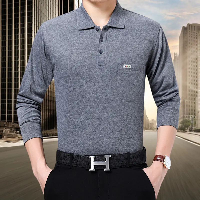 Middle-aged Men Grey Long Sleeve Polo Shirt with Real Pocket