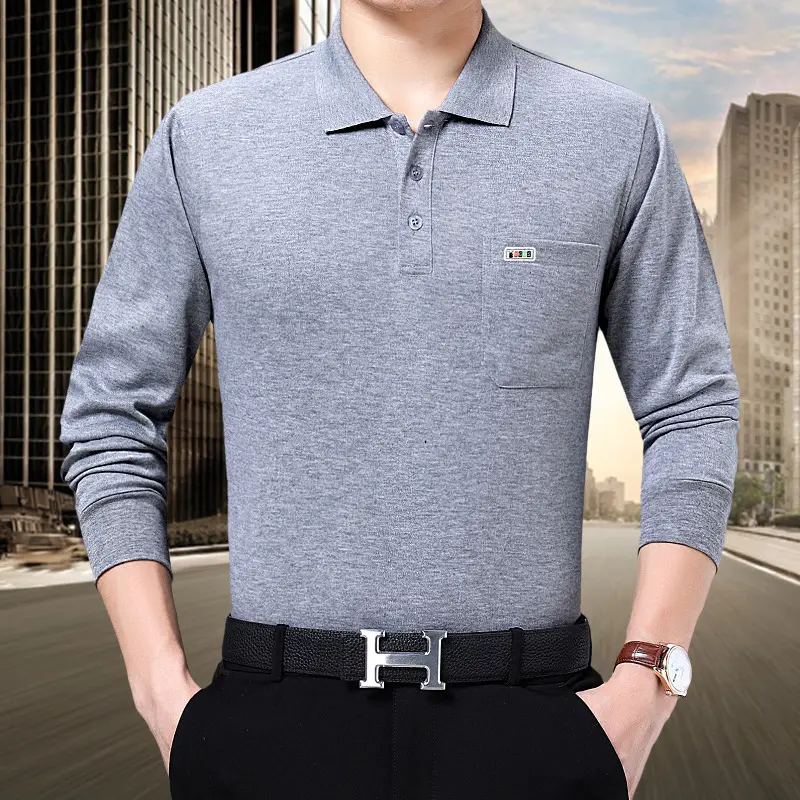 Middle-aged Men Grey Long Sleeve Polo Shirt with Real Pocket