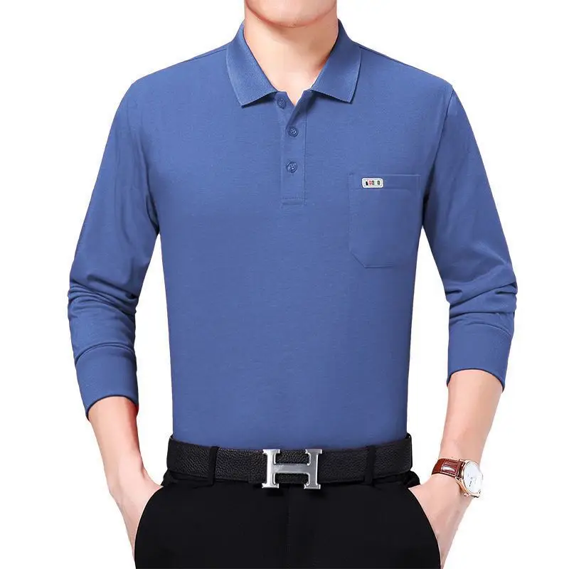 Middle-aged Men Grey Long Sleeve Polo Shirt with Real Pocket