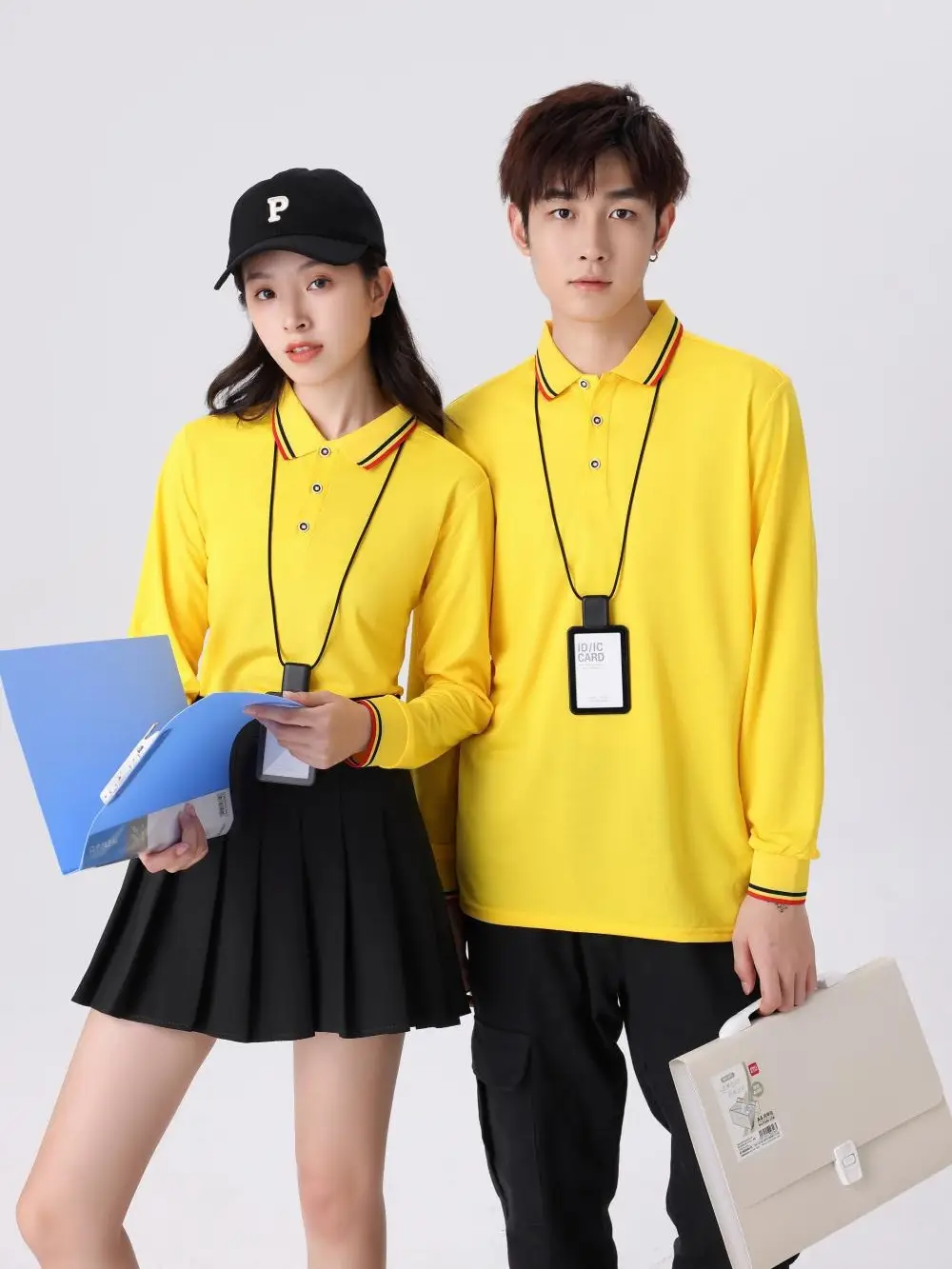 Men Navy Blue Polo Shirt Long Sleeve Lapel Cotton Polyester - Image 9