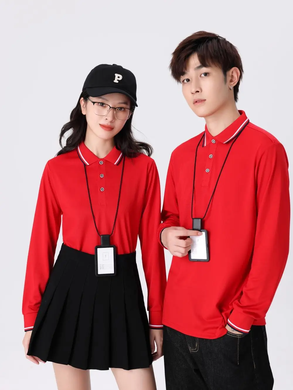 Men Navy Blue Polo Shirt Long Sleeve Lapel Cotton Polyester - Image 10