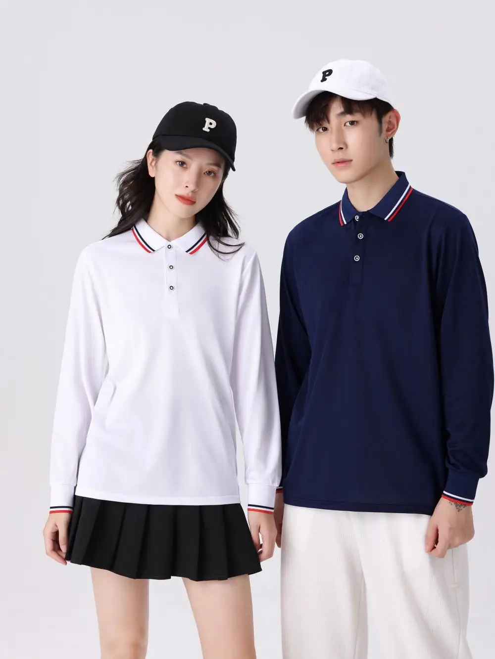 Men Navy Blue Polo Shirt Long Sleeve Lapel Cotton Polyester - Image 13