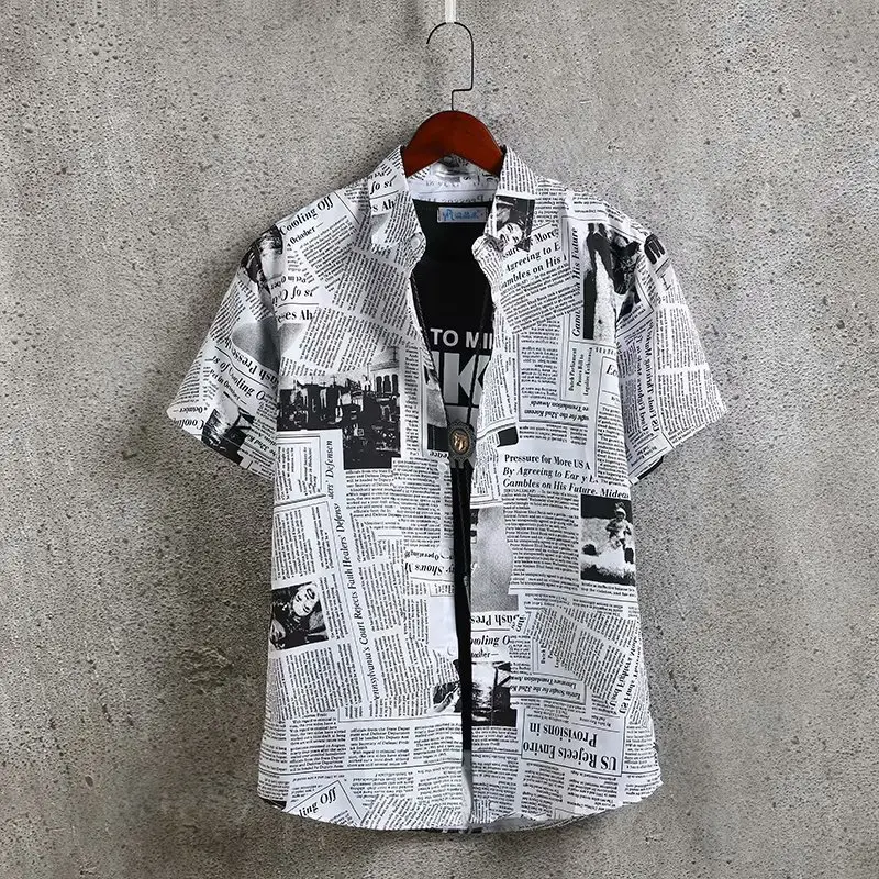 2022 Men Slim Fit Printed Shirt Short Sleeve Literary Casual
