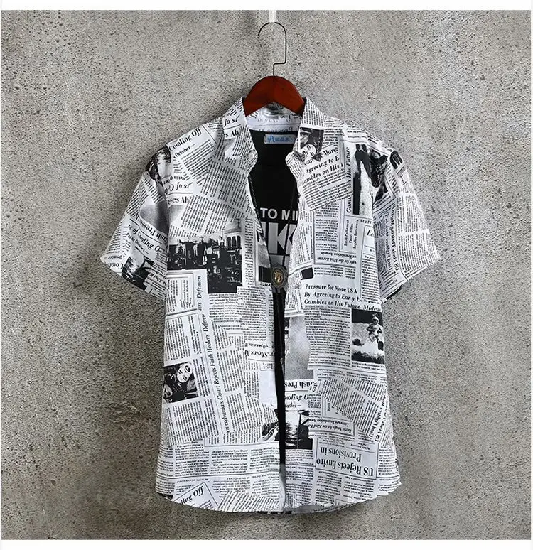 2022 Men Slim Fit Printed Shirt Short Sleeve Literary Casual