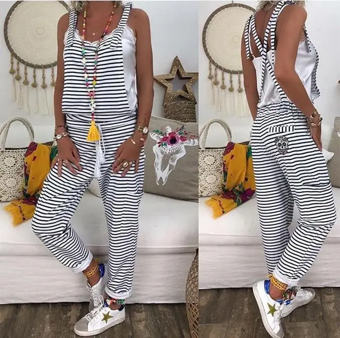 Women Striped Casual Pants with Skull Embroidery Denim Jacket - Image 2