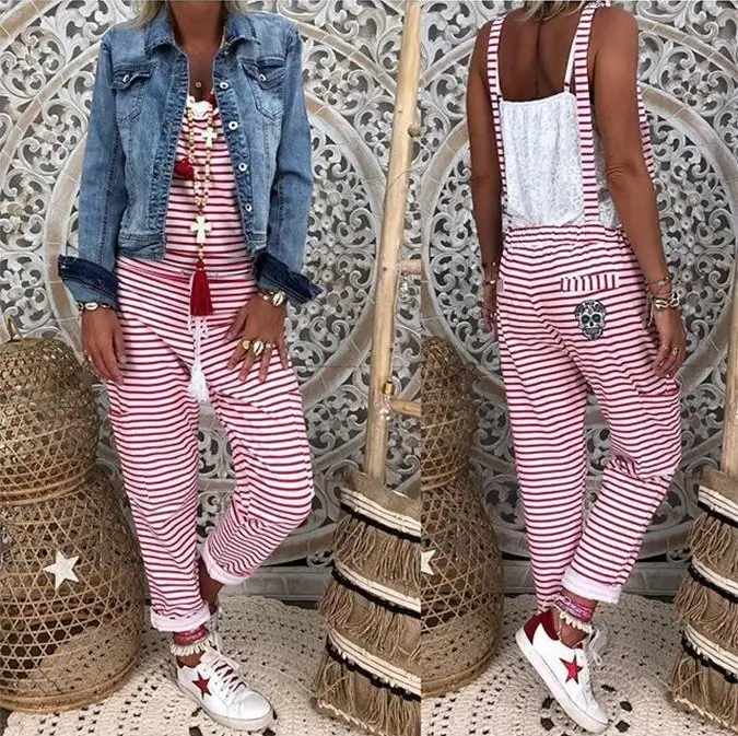 Women Striped Casual Pants with Skull Embroidery Denim Jacket - Image 3
