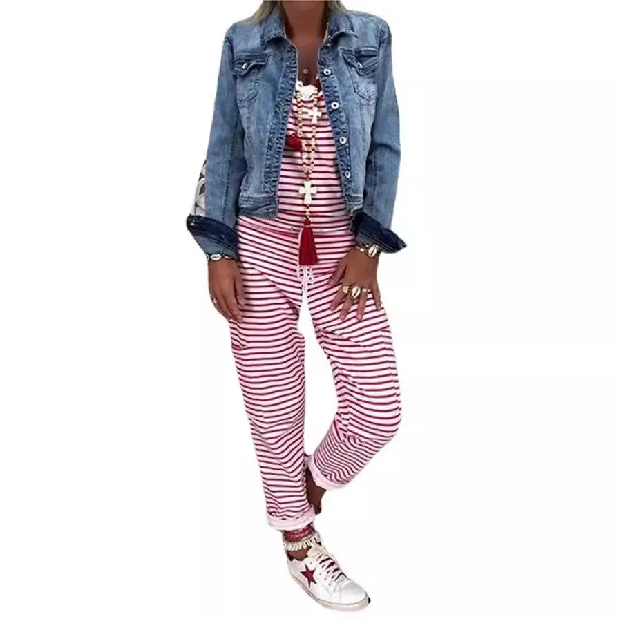 Women Striped Casual Pants with Skull Embroidery Denim Jacket - Image 6