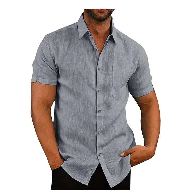Men Linen Button Shirt Black Short Sleeve Summer - Image 8