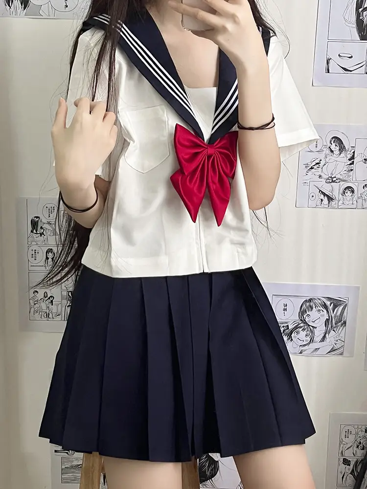 White Japanese Style Women's Navy Blue School Uniform Top - Image 13
