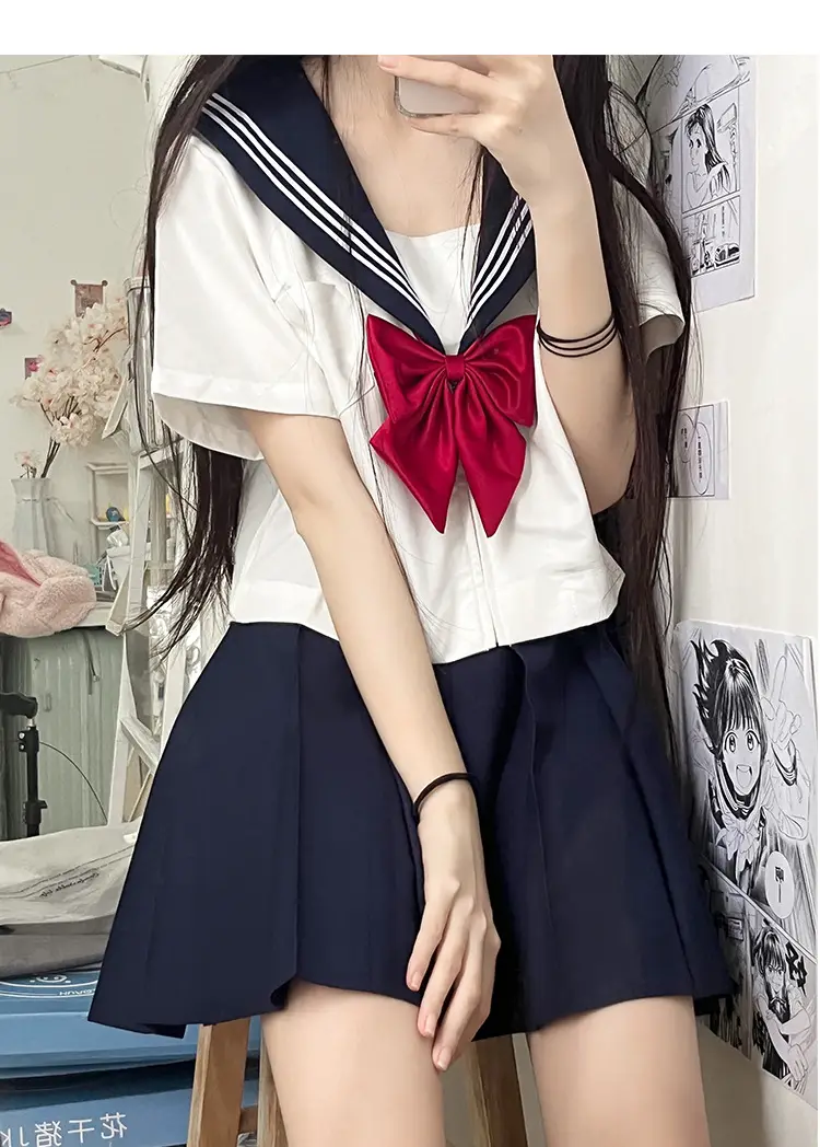 White Japanese Style Women's Navy Blue School Uniform Top — feature 11