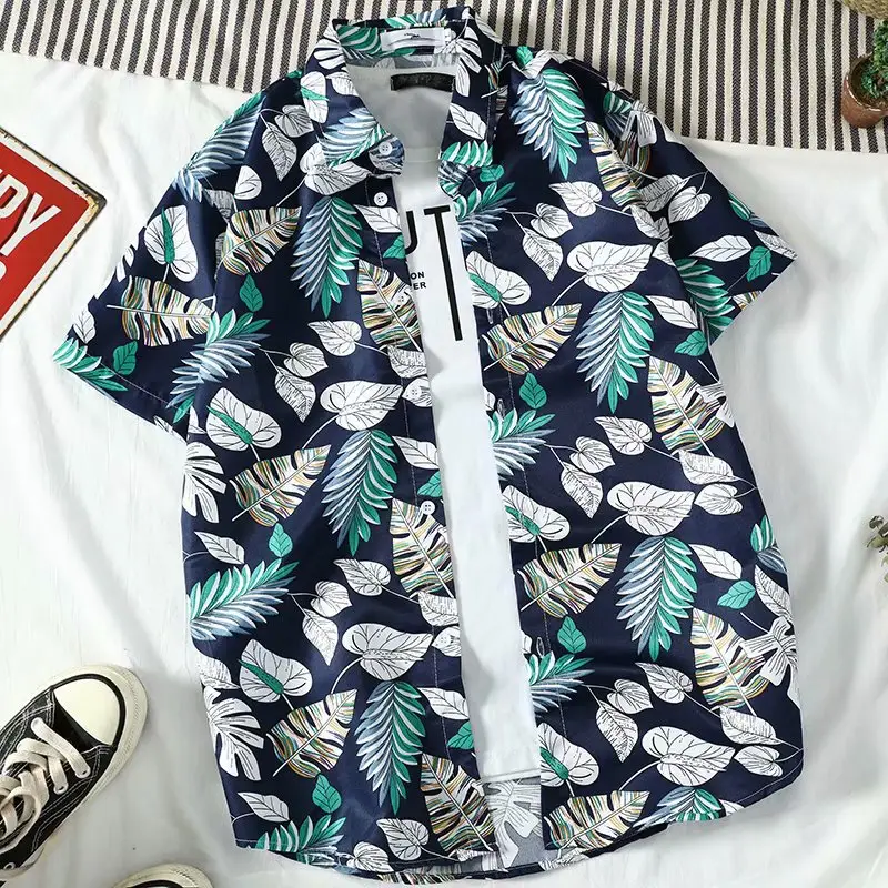 2022 Men's Navy Leaf Print Slim Fit Shirt - Image 5