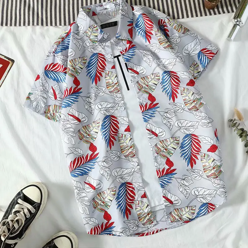2022 Men's Navy Leaf Print Slim Fit Shirt - Image 3