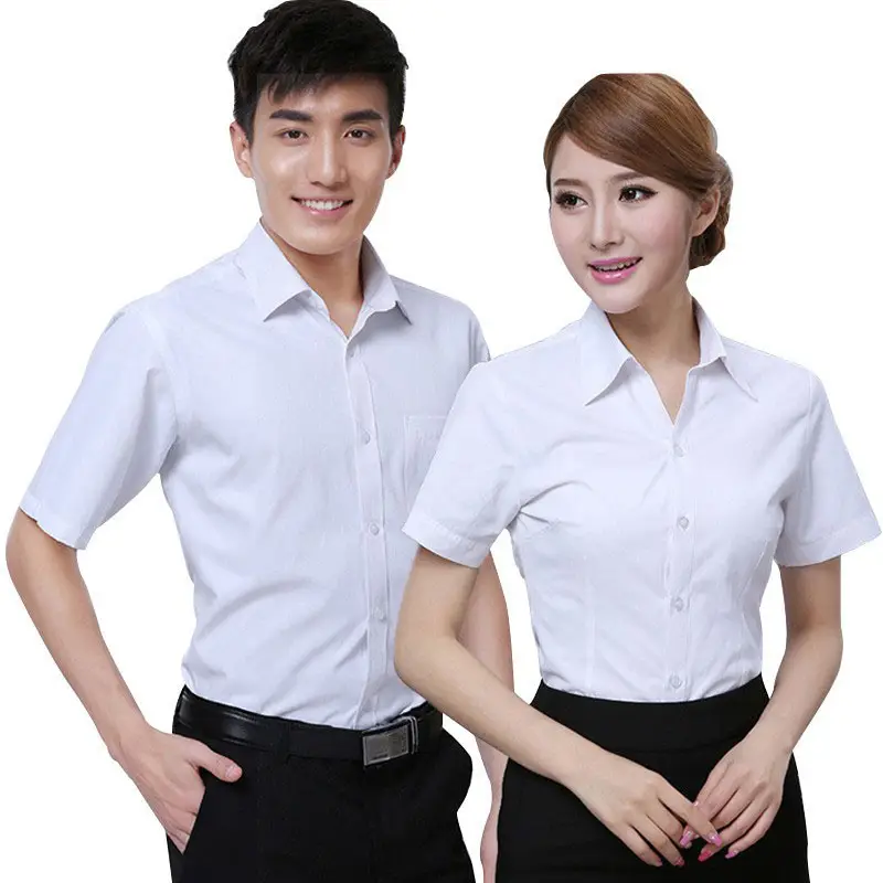 White Short-Sleeved Professional Shirt for Men Women Embroidered Logo - Image 2