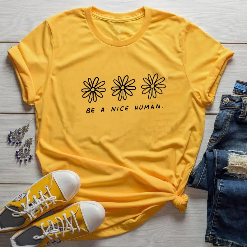 Men Women Floral Print T-Shirt Grey Be Nice Human - Image 9